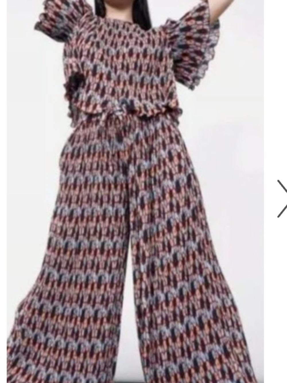 Wildfand Pleated Blue and Brown Printed Wide Leg Pants